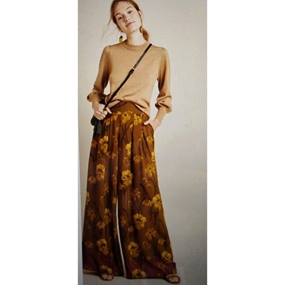 Anthropologie Pants - Anthropologie MAEVE Terrace Floral Wide Leg Pants Womens 2 Brown Gold Smocked